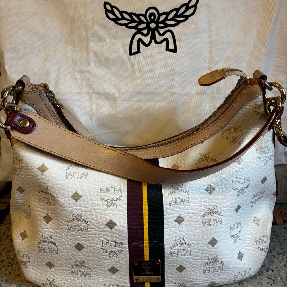 MCM Limited Edition White Leather Stripe Visetos Hobo Bag